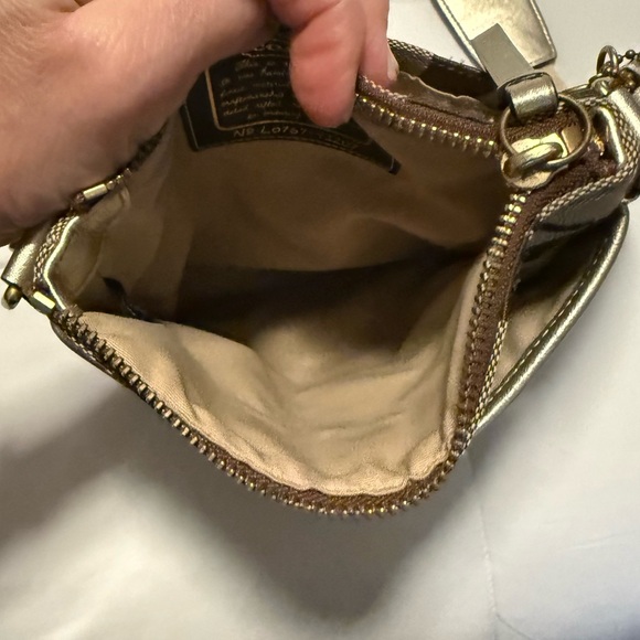 Coach Signature Crossbody Bag Tan Brown Canvas Gold Leather Trim 7.5 x 8.5 Bag - Picture 4 of 10